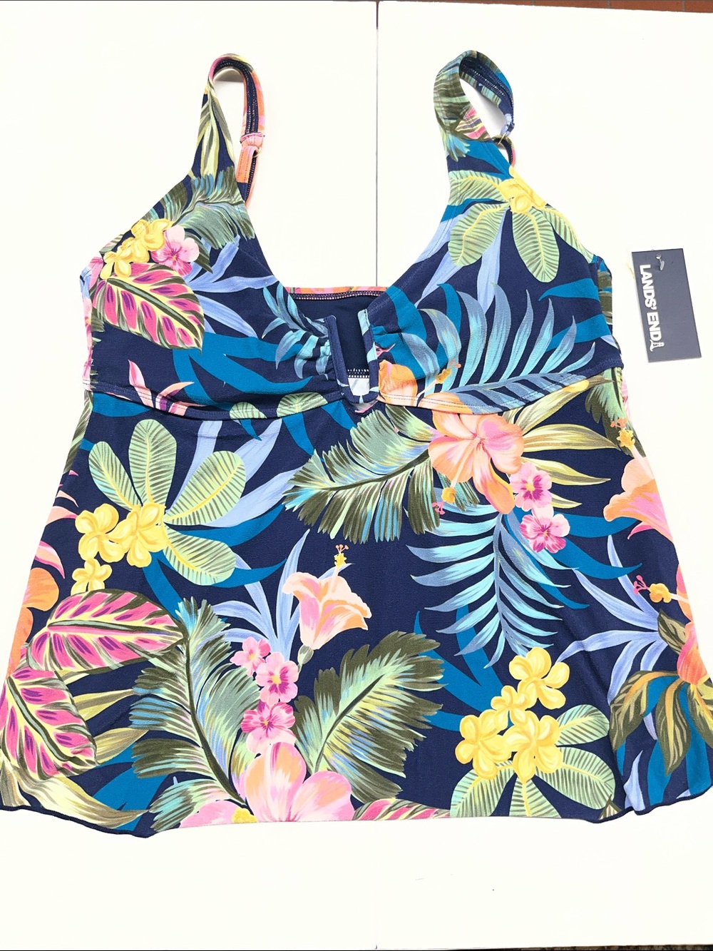 NEW Lands' End Women’s Navy Tropical Floral Tankini Top Size Large